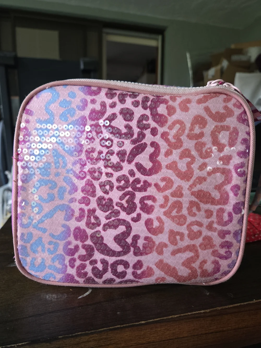 Pink Sequin Leopard Print Cosmetic Bag